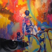 Chris Daze Ellis - THE WALK TO SCHOOL WITH HUDSON AND INDIGO - 175x140cm Mixed Media on Canvas